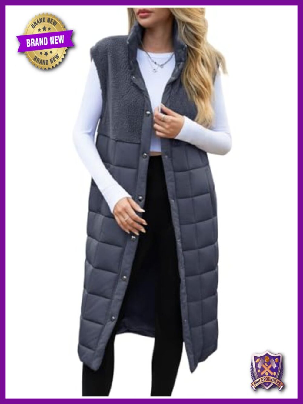 Women's Long Puffer Vest Fleece Jacket Button Down Sleeveless Coat